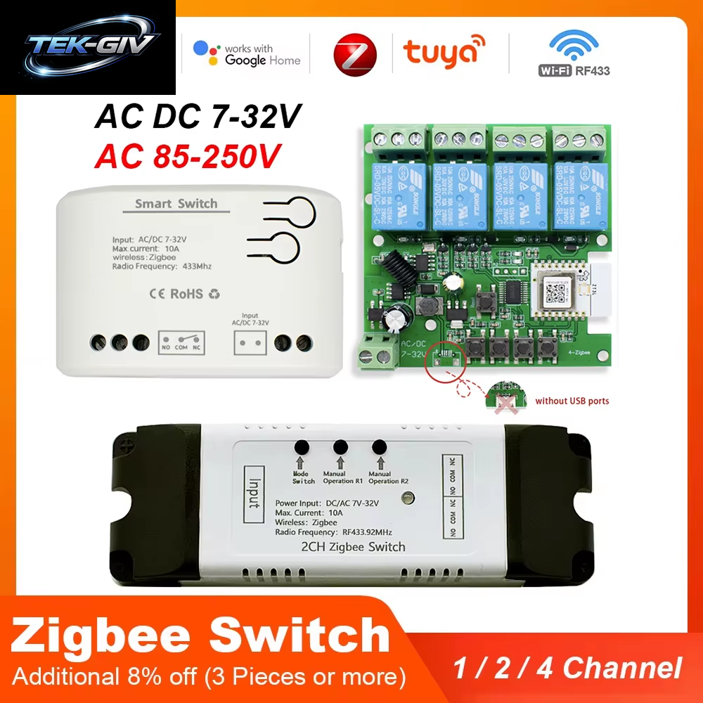 Zigbee Tuya Smart Relais Modul Auf off Controller 1/2/4CH DC 12V 24V 7-32V AC 220V Rf433Mhz Fernbedienung Licht Schalter Arbeit Mit Alexa,Zigbee-Hub Erforderlich