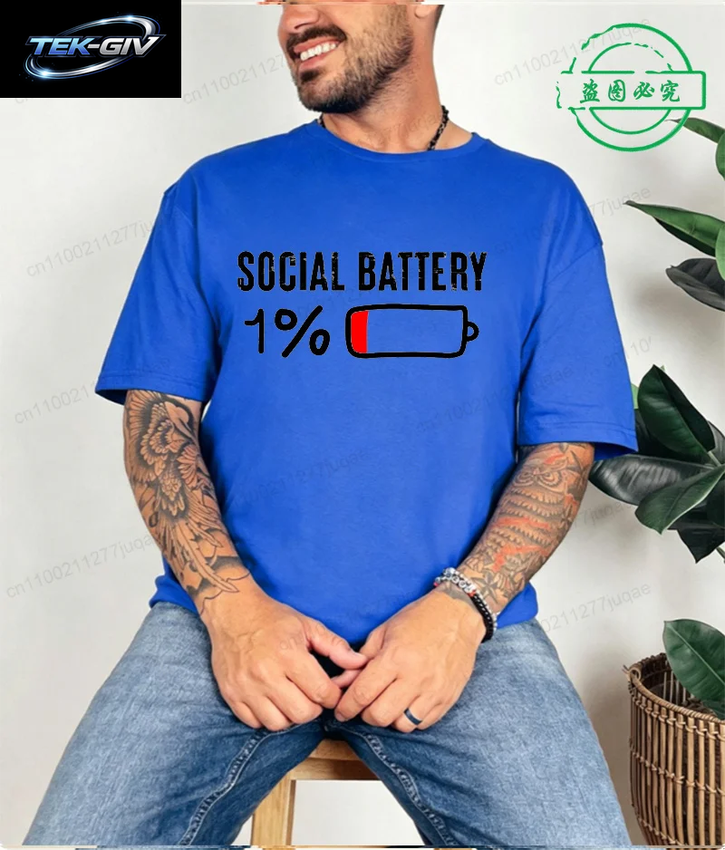 T-Shirt Für Männer, Social Battery 1 Percent, Lustiges Introvert-T-Shirt, Herren-Tops, Freizeitkleidung, Übergröße, Vintage-Kleidung, Trend-T-Shirt