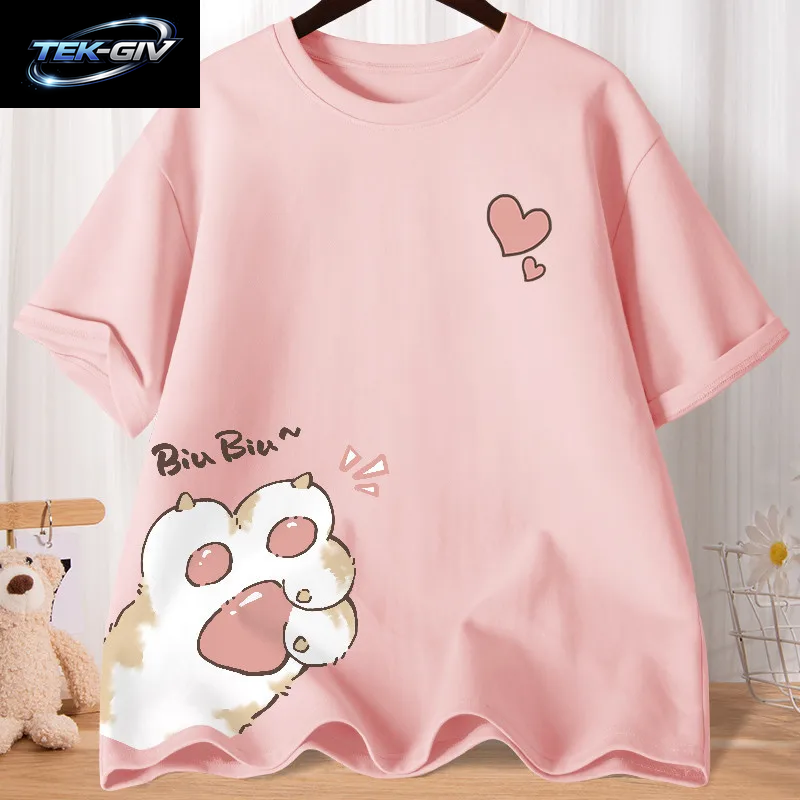 Sommer Cartoon Nette Süße Katze Klaue Liebe Gedruckt Kurzarm T-Shirt Frauen Lose Jugend Student Halbe Hülse Übergroßen Shirt Top