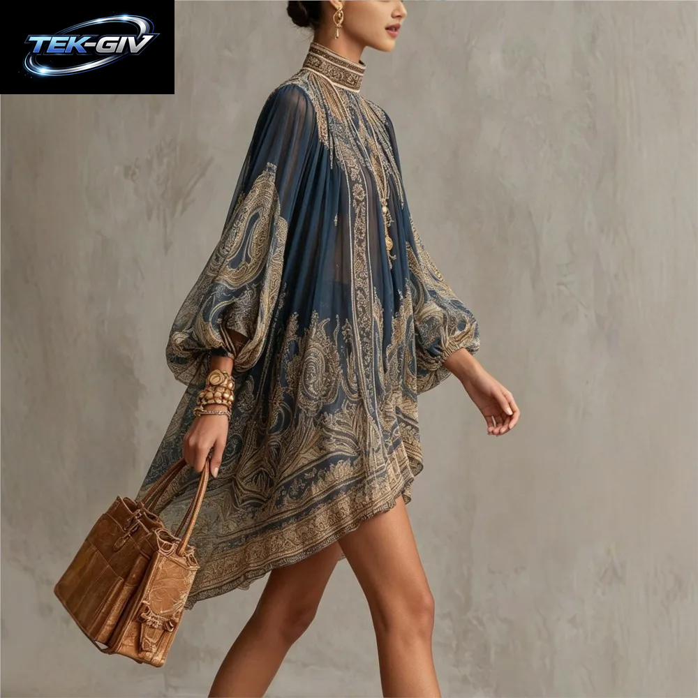 Modisches Bedrucktes Chiffon-Trompetenkleid Mit Langen Ärmeln Für Damen, Frühling Sommer Neues Elegantes Strandkleid Für Urlaub, Locker Geschnittenes Kleid 2026