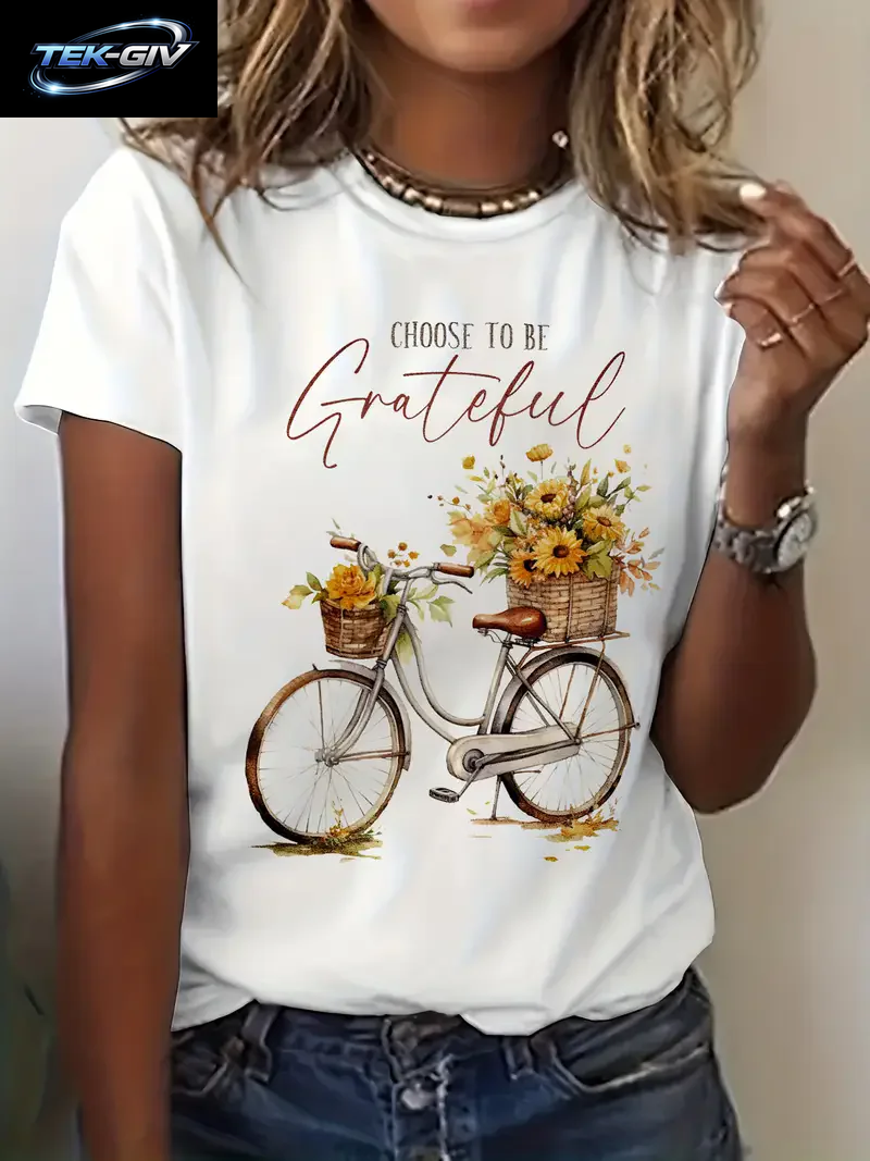 Damen Choose to Be Grateful Floral Bike Kurzarm Bedrucktes T-Shirt Kleidung Damen T-Shirt Grafik Kleidung Damen Top T-Shirt