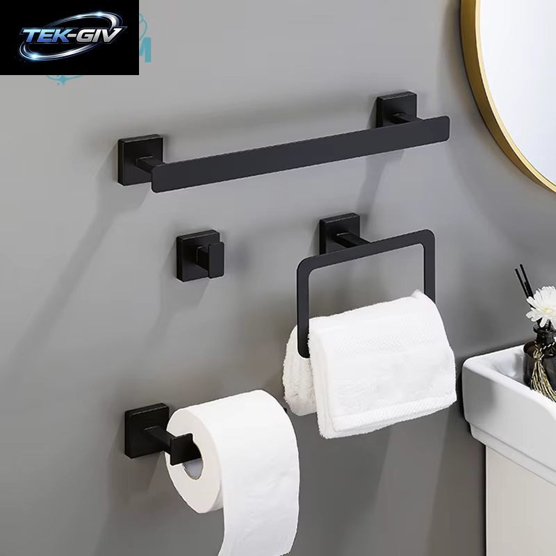 Mattschwarz Badezimmer Zubehör Set Wand Halterung Handtuch Bar Handtuch Ring Rollen Papier Halter Robe Haken Edelstahl Hardware Set