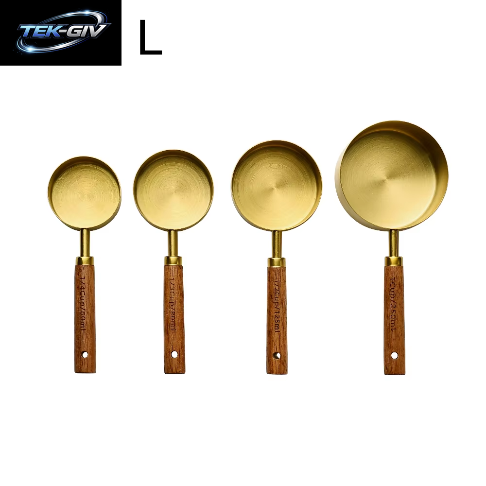 Gold Holzgriff Edelstahl Messbecher Löffel Backwerkzeuge Kaffee Messlöffel Set Barkeeper Maßstab Zubehör
