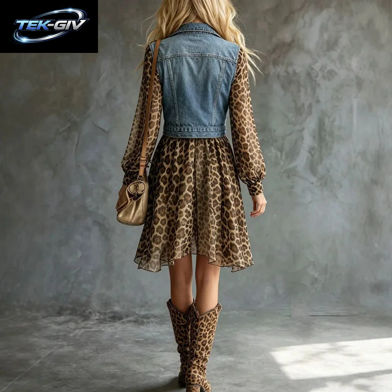 Damen-Minikleid Mit Leopardenmuster, Netzstoff, Puffärmel, A-Linie, Fließendes Kleid, Weste, Jacke, Patchwork-Kleid, Neues Western-Cowgirl-Kleid Für Den Urlaub