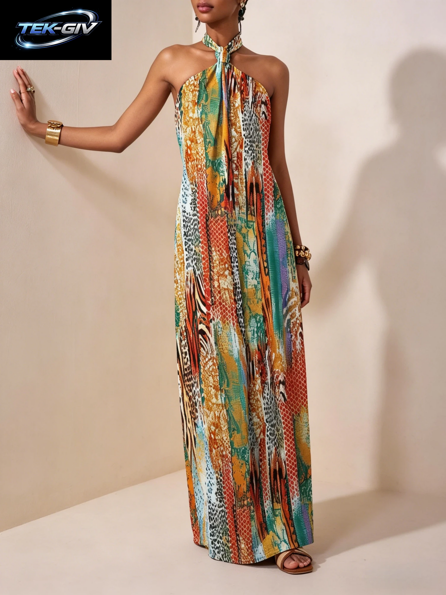 Damen-Maxikleid Mit Neckholder-Ausschnitt, Rückenfrei, Bedruckt, Lockere Passform, Ärmellos, Bohemian-Stil, Freizeitkleid, Frühling, Sommer, Urlaub, Strand-Outfit