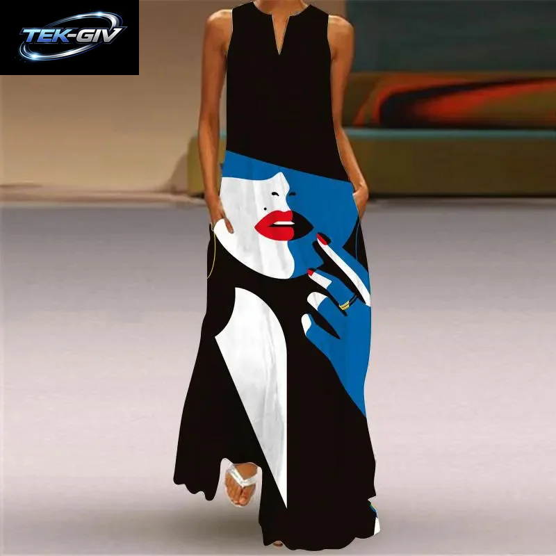 Sommer Outdoor Street Fashion Frauen Langes Kleid Neue Abstrakte Kunstdruck Kleid Ärmellose Weste V-Ausschnitt Mode Frauen Party Kleid