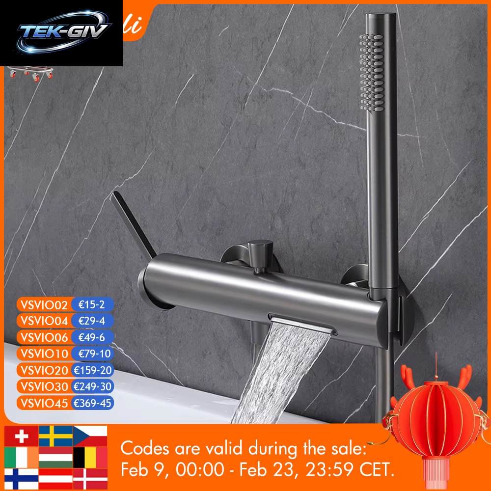 Badezimmer-Duscharmatur-Set Aus Gebürstetem Gold/Gunmetal, Wandmontage, Wasserfall, Massives Messing, Heißer Und Kalter Badewannen-Wasserhahn, 2 Griffe, 2 Löcher