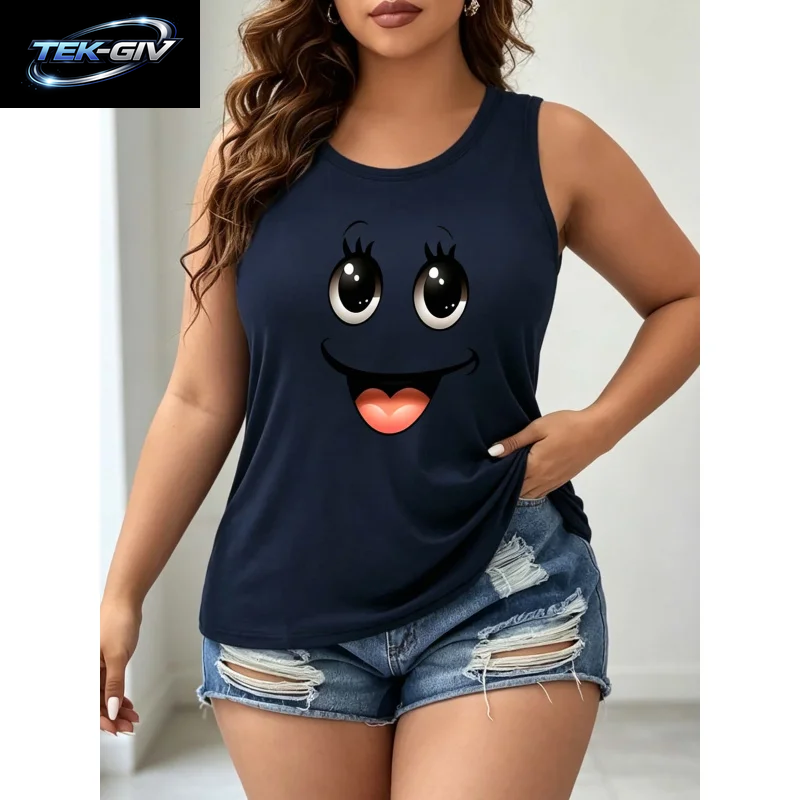 Großer, Modischer Rundhals-Pullover Mit Happy-Face-Print Für Den Sommer, Ärmelloser Sport-Pullover Für Damen