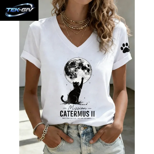 Ilstile Artemis II Damen-T-Shirts Mit Katzenmuster, Sommer-Kurzarm-Tops, Lässige T-Shirts Mit V-Ausschnitt, Schwarz-Weißes T-Shirt, Neu Eingetroffen